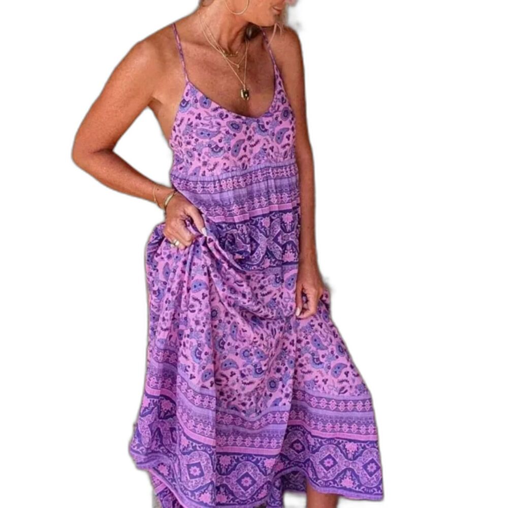 Lance Cade Resort Boho Multi-Color Purple Floral Paisley Maxi Dress